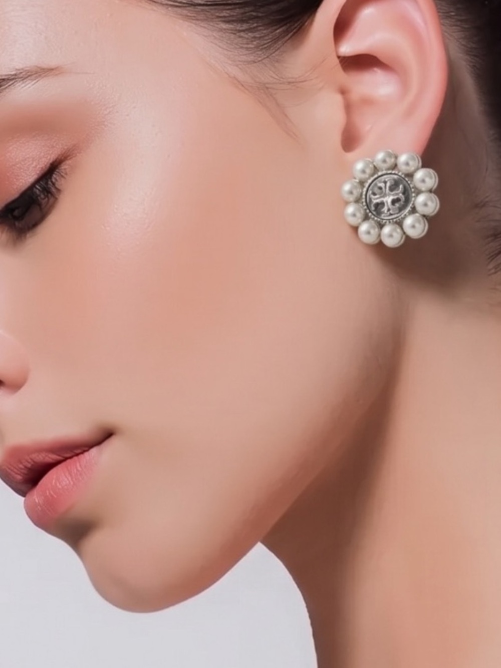 Tory Burch Silver and Pearl Medallion Stud Earrings